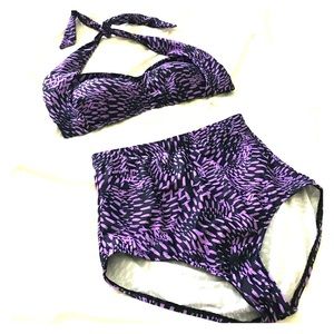 Purple print high waisted swimsuit